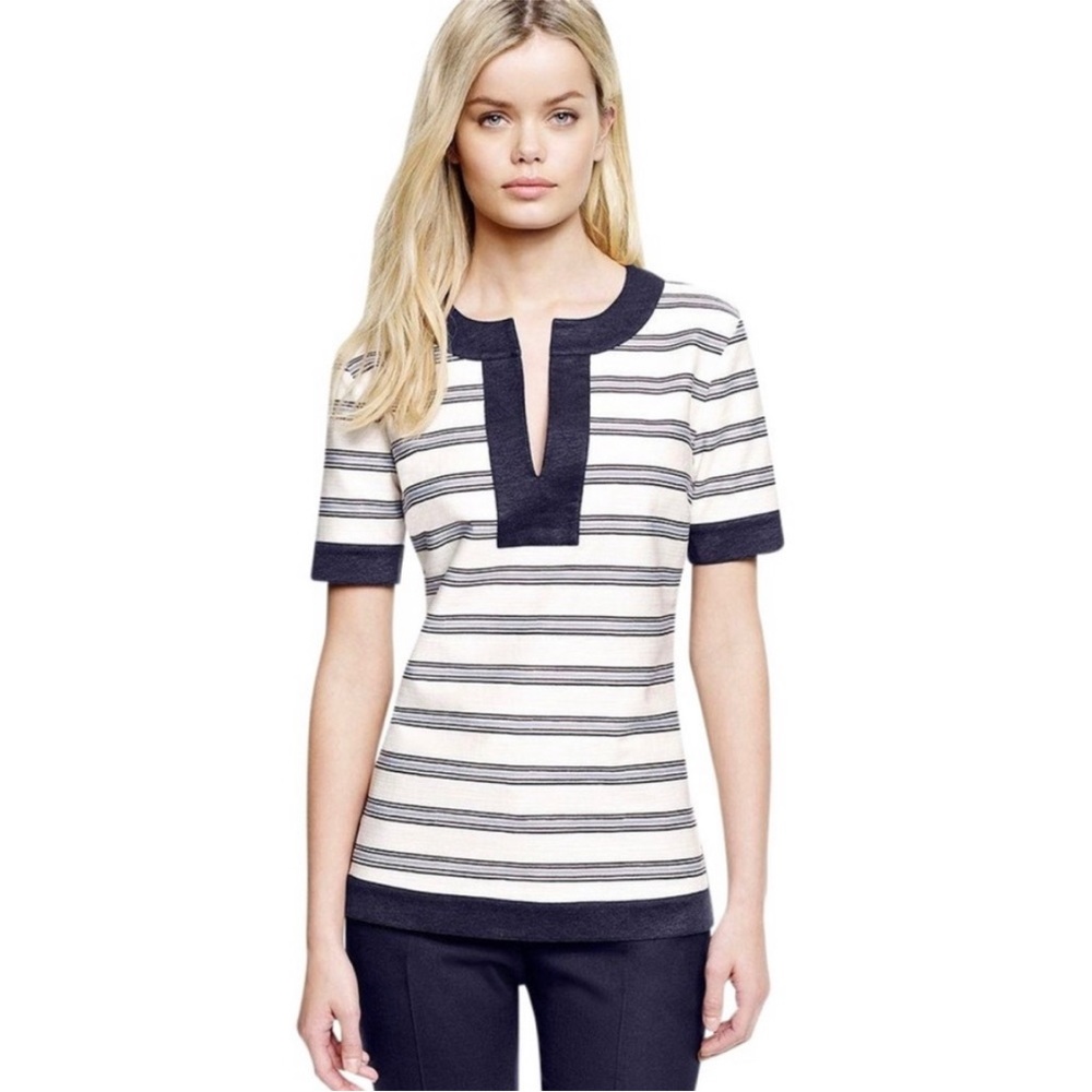 TORY BURCH STRIPED SPLIT NECK TOP L